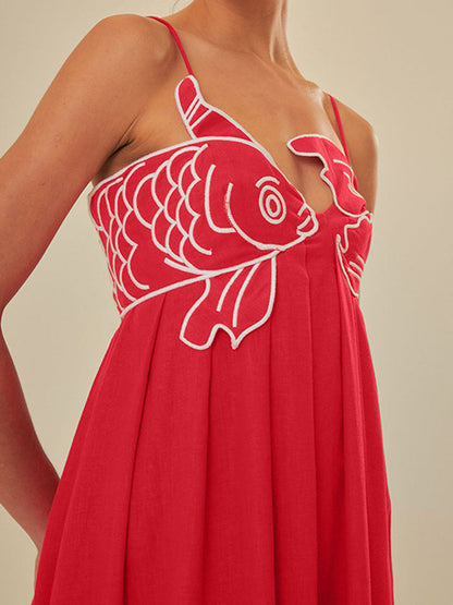 Embroidered Cotton Midi Dress with Spaghetti Straps for Women