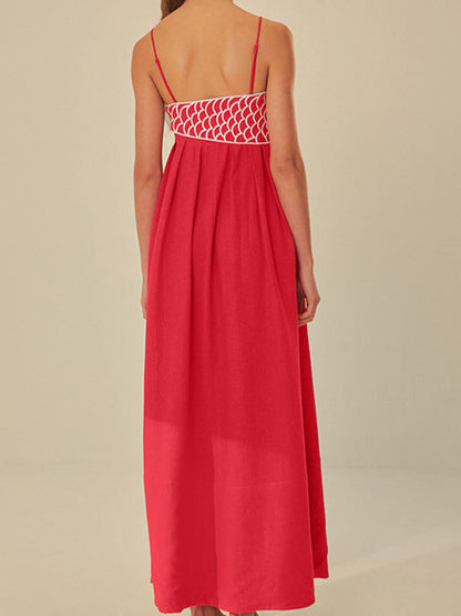 Embroidered Cotton Midi Dress with Spaghetti Straps for Women