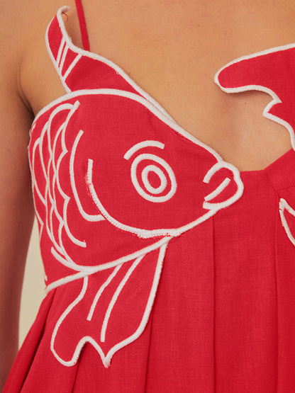 Embroidered Cotton Midi Dress with Spaghetti Straps for Women