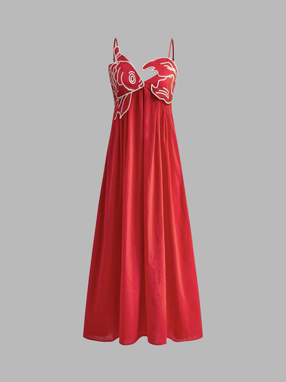 Embroidered Cotton Midi Dress with Spaghetti Straps for Women