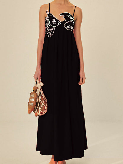 Embroidered Cotton Midi Dress with Spaghetti Straps for Women