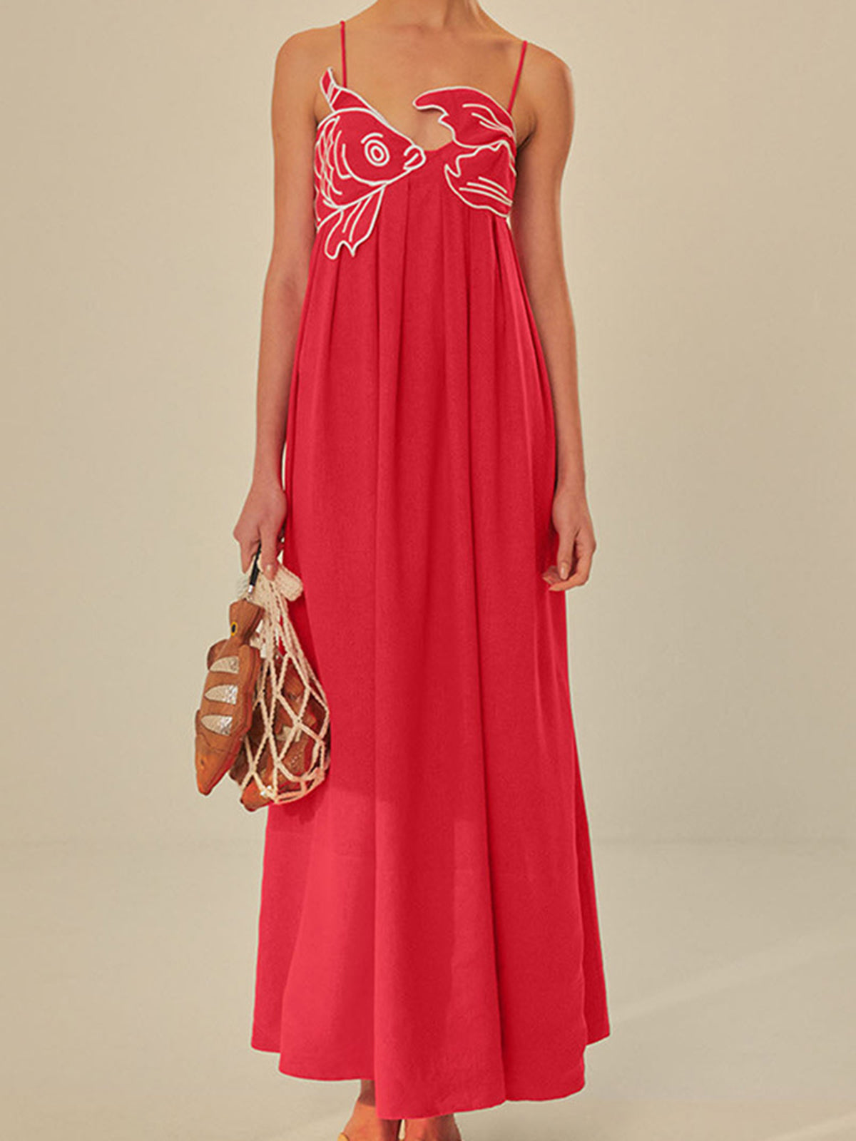 Embroidered Cotton Midi Dress with Spaghetti Straps for Women