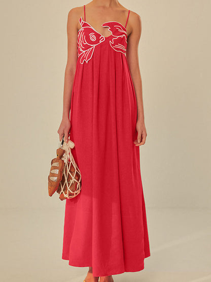 Embroidered Cotton Midi Dress with Spaghetti Straps for Women