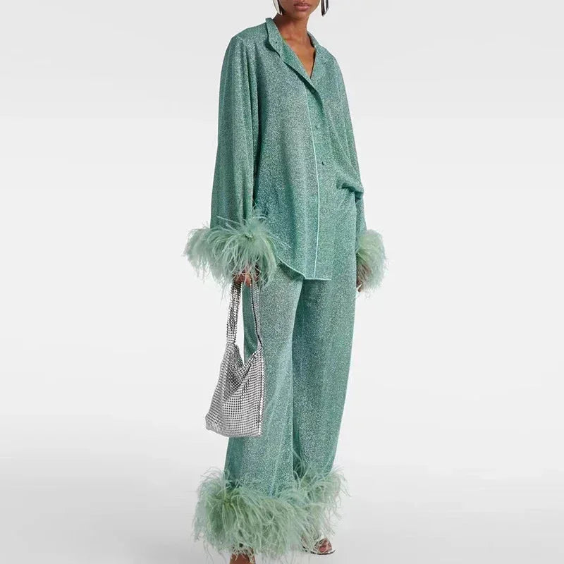 Shimmer Feather Trim Oversized Shirt and Wide Leg Pants Set