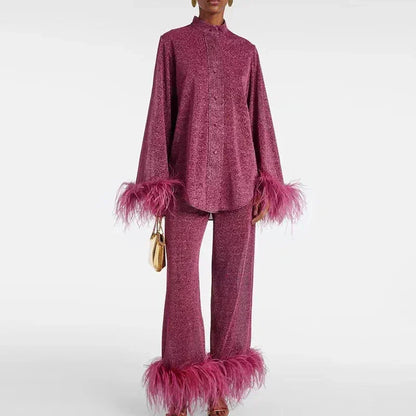 Shimmer Feather Trim Oversized Shirt and Wide Leg Pants Set