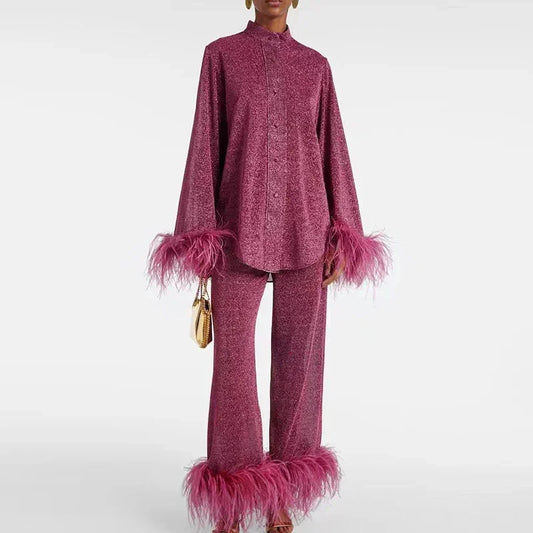 Shimmer Feather Trim Oversized Shirt and Wide Leg Pants Set