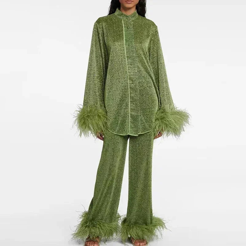 Shimmer Feather Trim Oversized Shirt and Wide Leg Pants Set