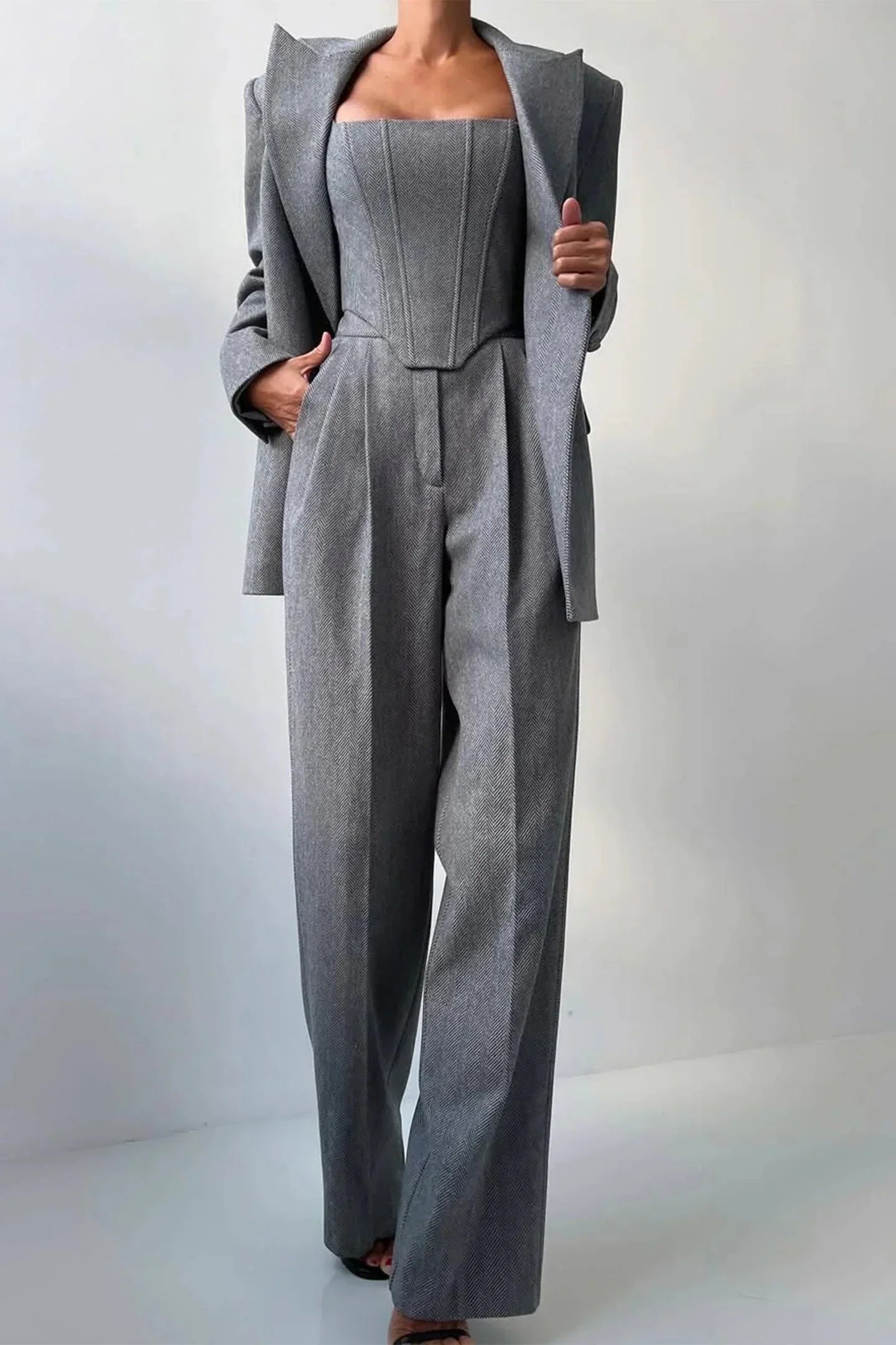 Corset Bustier Wide Leg Pants Set with Oversized Blazer
