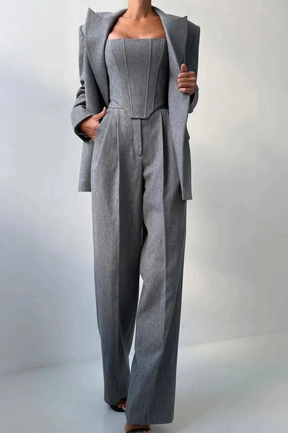 Corset Bustier Wide Leg Pants Set with Oversized Blazer