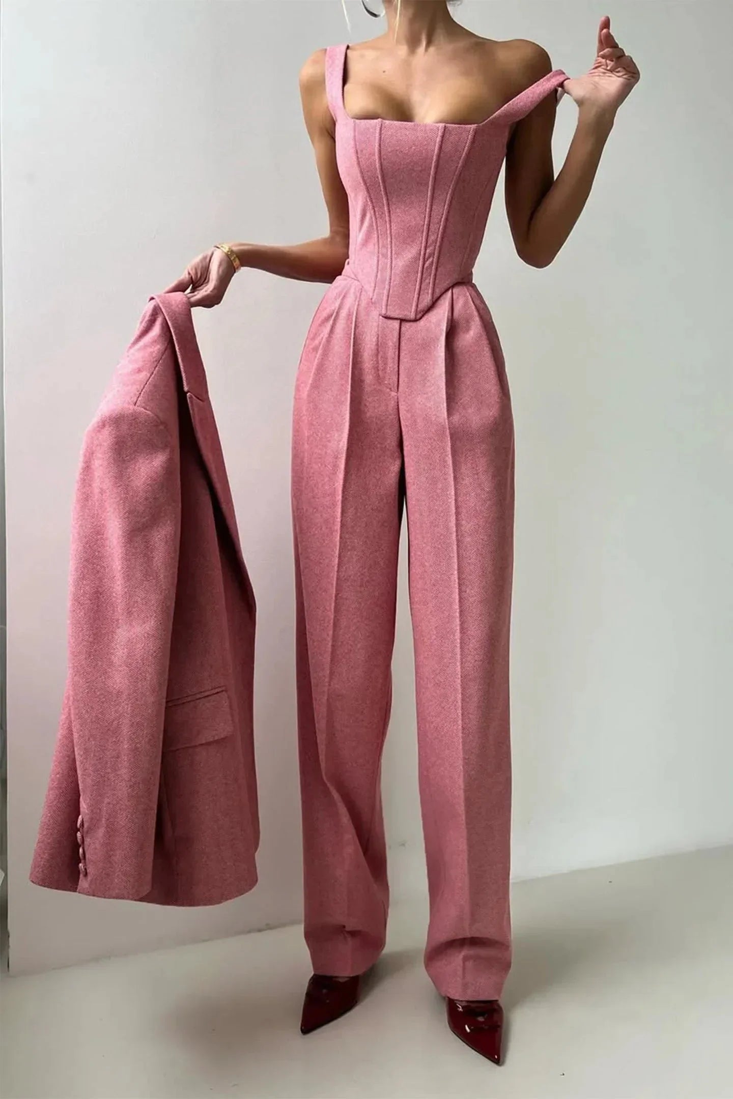 Corset Bustier Wide Leg Pants Set with Oversized Blazer