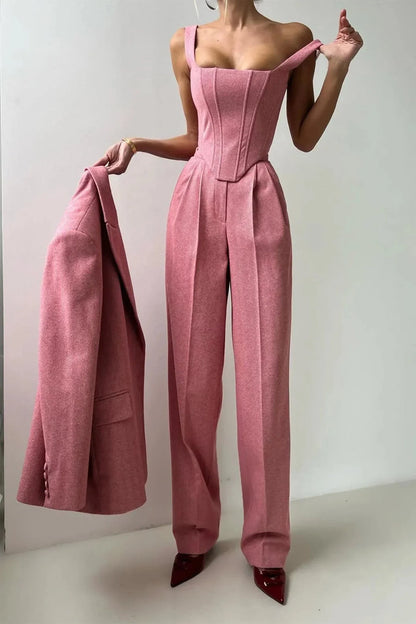 Corset Bustier Wide Leg Pants Set with Oversized Blazer
