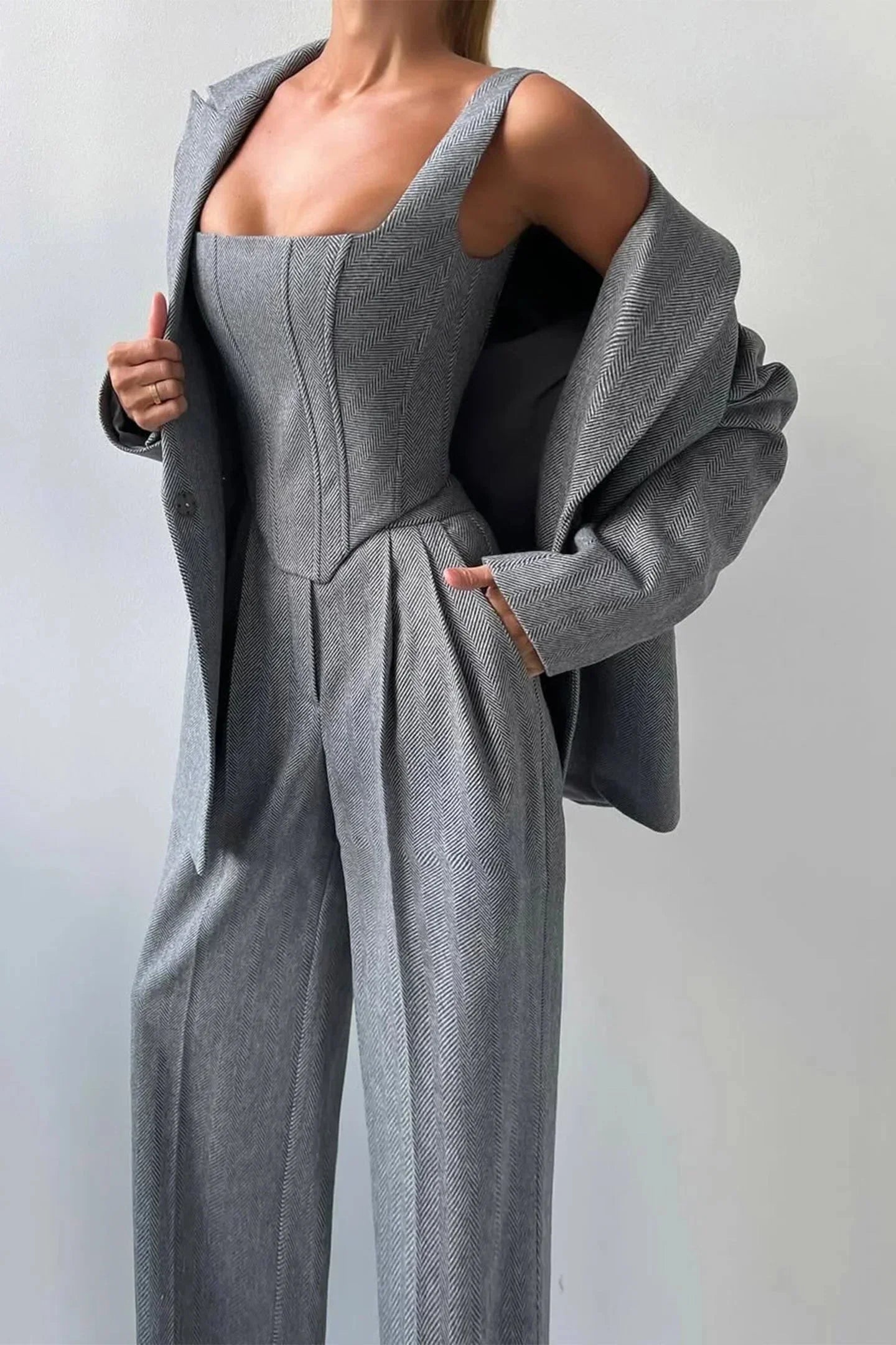Corset Bustier Wide Leg Pants Set with Oversized Blazer