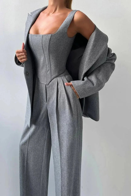 Corset Bustier Wide Leg Pants Set with Oversized Blazer