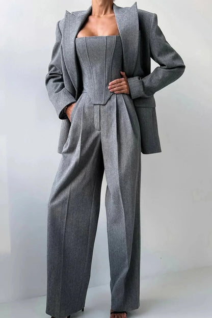 Corset Bustier Wide Leg Pants Set with Oversized Blazer