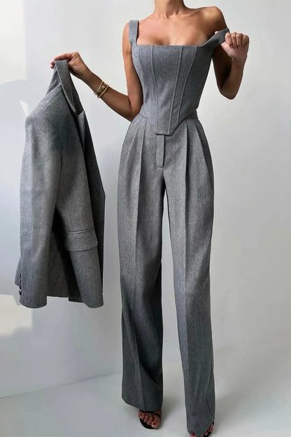 Corset Bustier Wide Leg Pants Set with Oversized Blazer