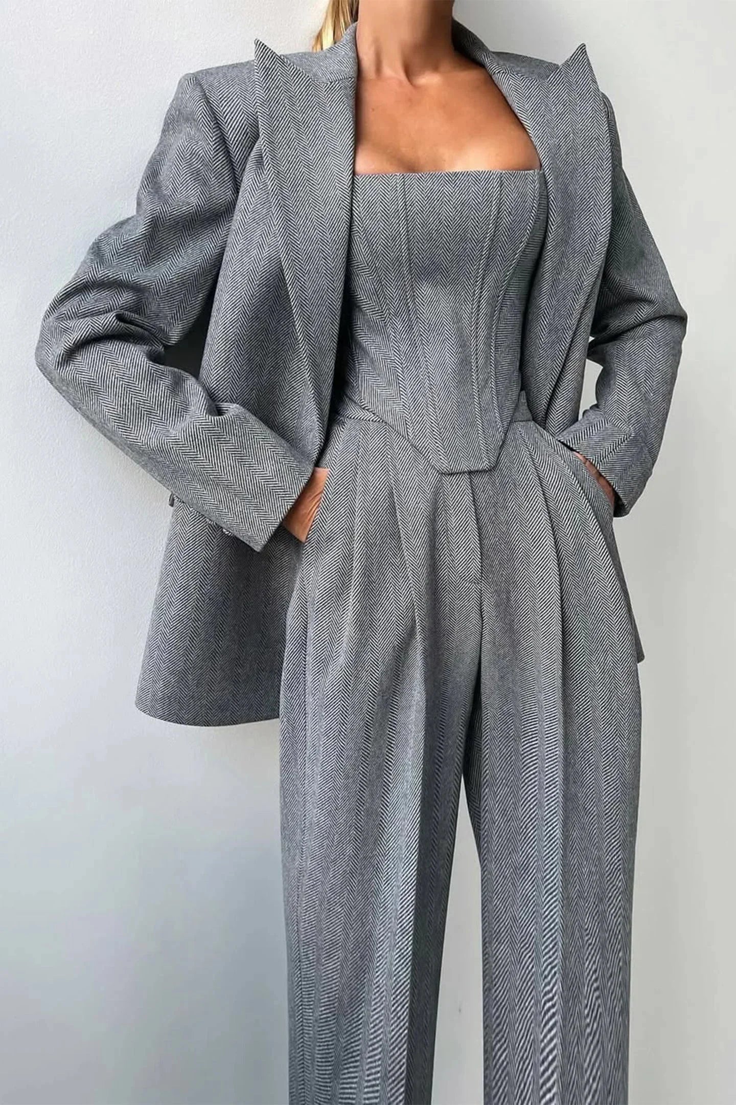 Corset Bustier Wide Leg Pants Set with Oversized Blazer