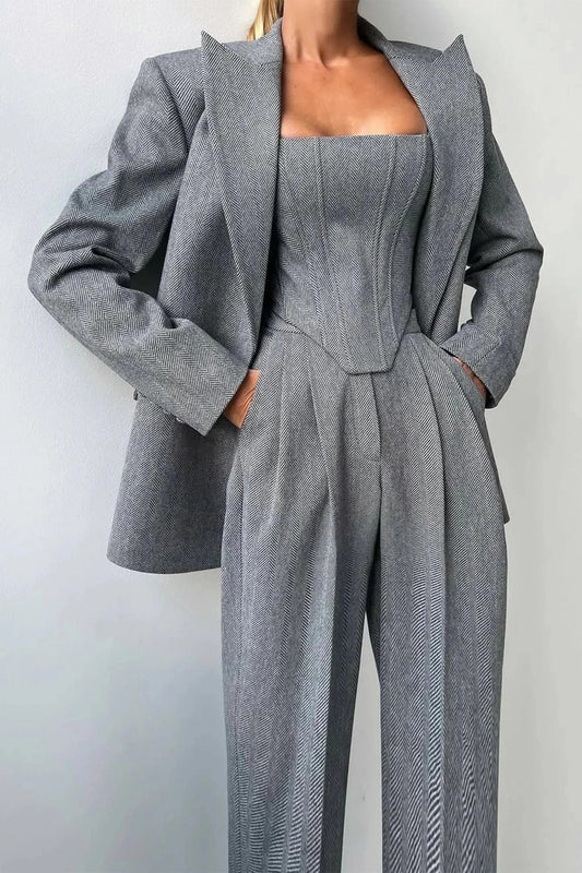 Corset Bustier Wide Leg Pants Set with Oversized Blazer