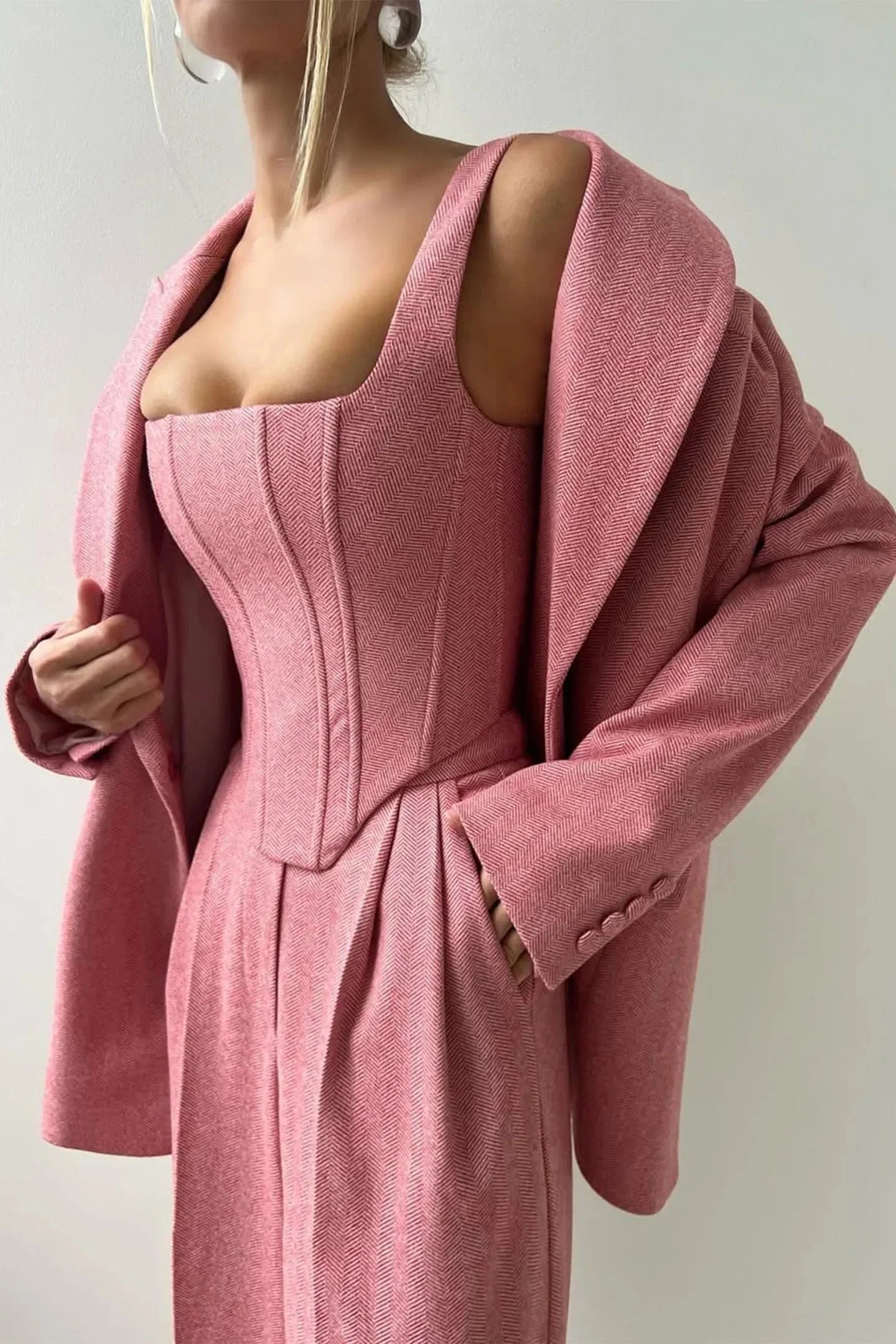 Corset Bustier Wide Leg Pants Set with Oversized Blazer