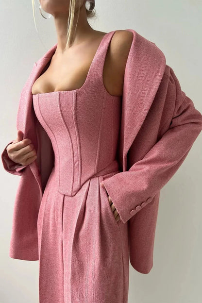 Corset Bustier Wide Leg Pants Set with Oversized Blazer