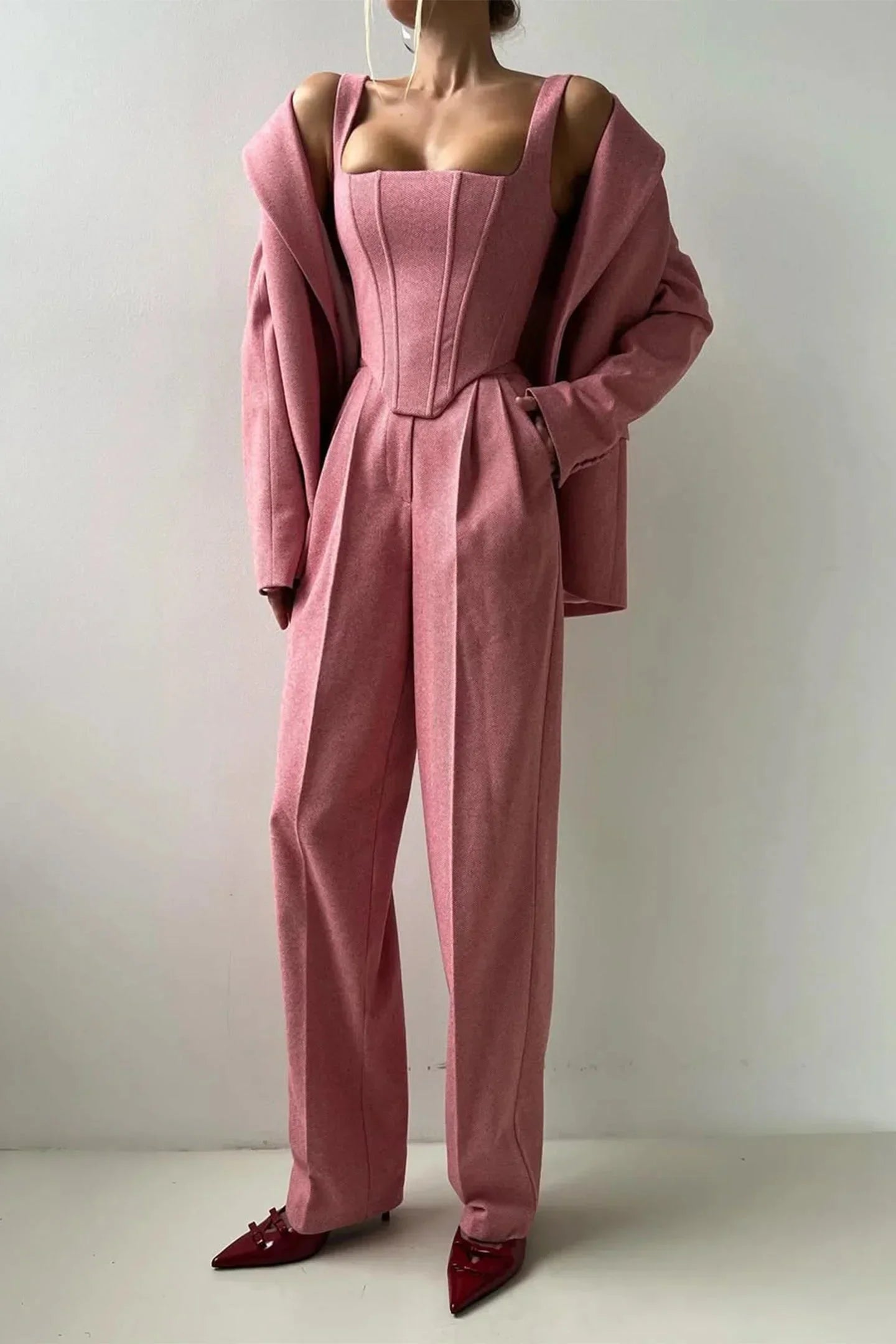 Corset Bustier Wide Leg Pants Set with Oversized Blazer