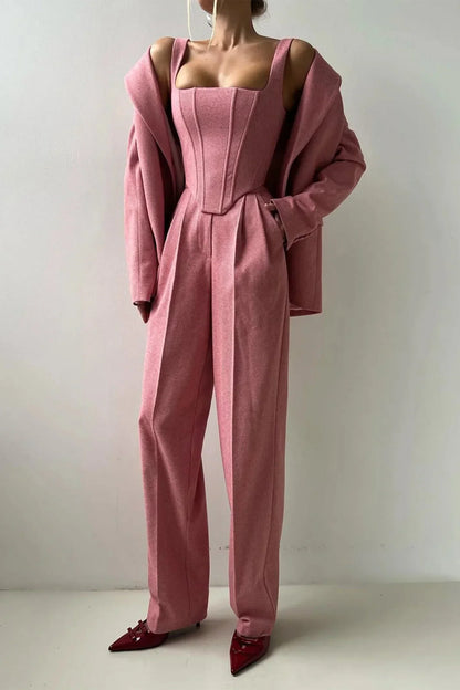 Corset Bustier Wide Leg Pants Set with Oversized Blazer