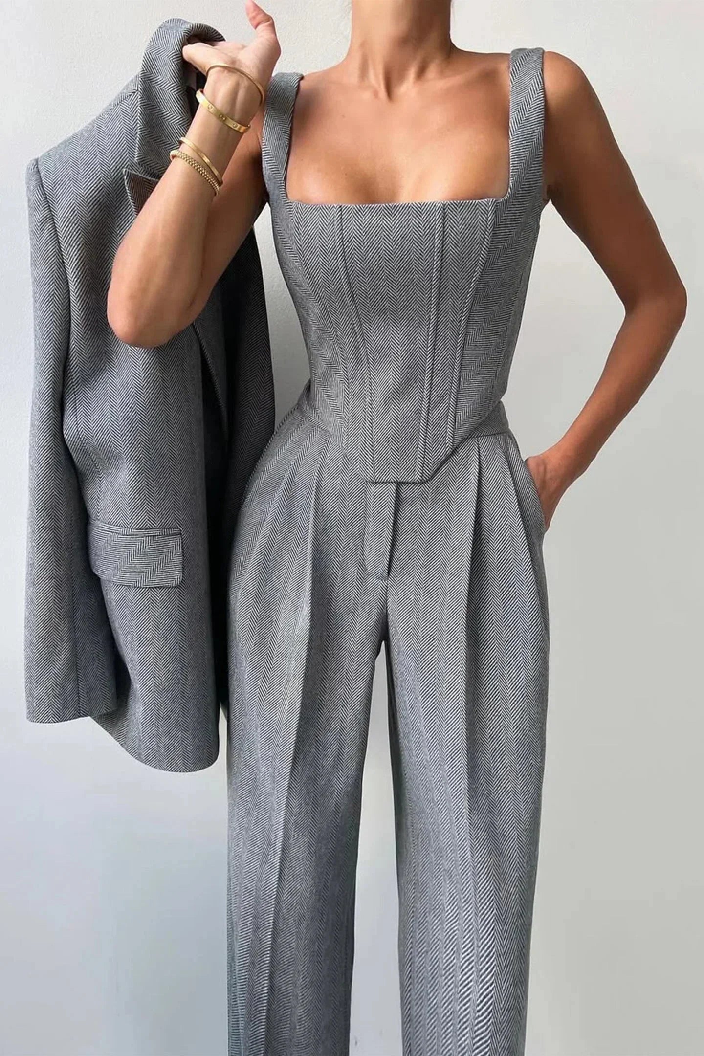 Corset Bustier Wide Leg Pants Set with Oversized Blazer