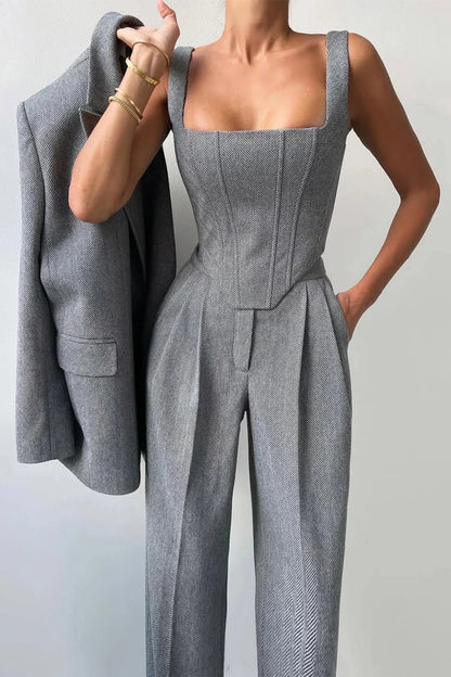 Corset Bustier Wide Leg Pants Set with Oversized Blazer