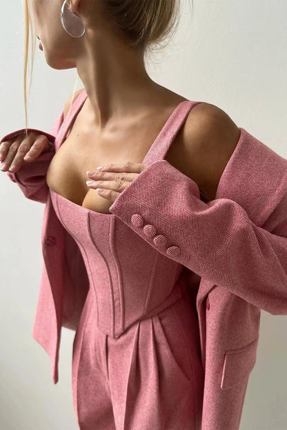 Corset Bustier Wide Leg Pants Set with Oversized Blazer