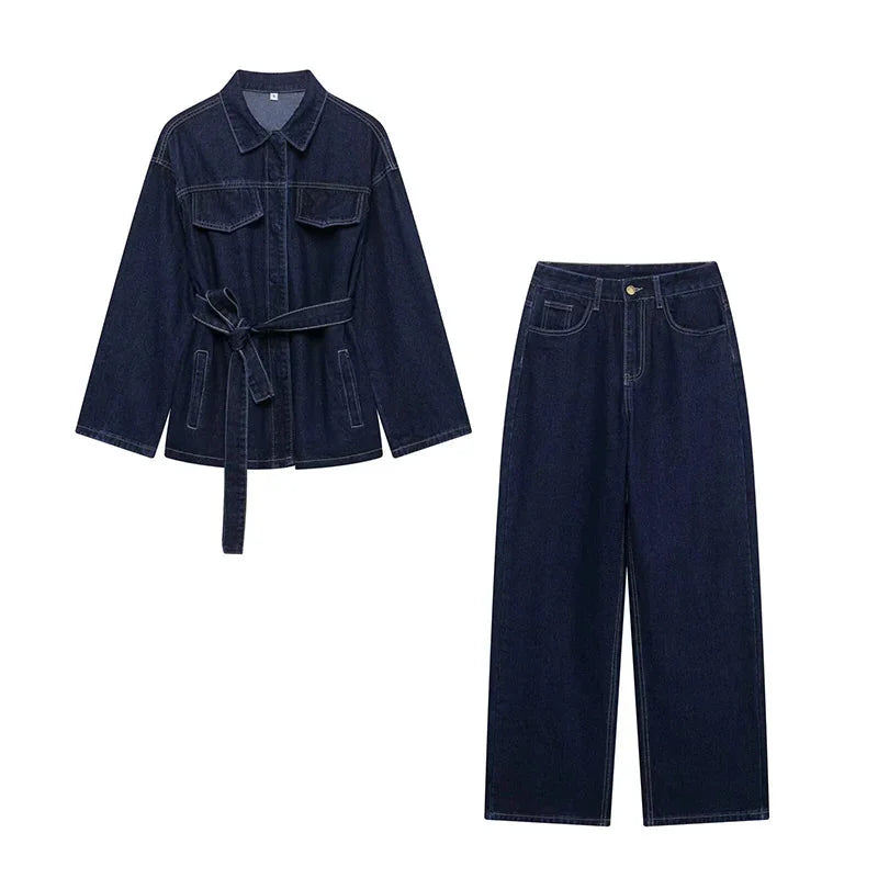 Belted Denim Jacket and Wide Leg Jeans Set for Women