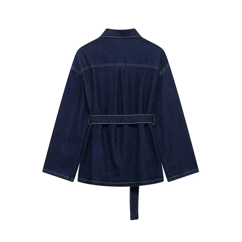 Belted Denim Jacket and Wide Leg Jeans Set for Women