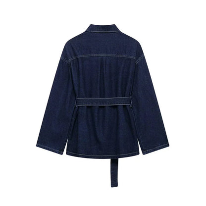 Belted Denim Jacket and Wide Leg Jeans Set for Women