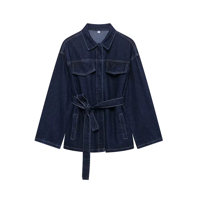 Belted Denim Jacket and Wide Leg Jeans Set for Women