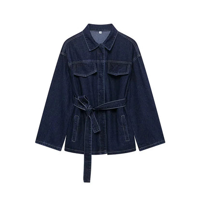 Belted Denim Jacket and Wide Leg Jeans Set for Women