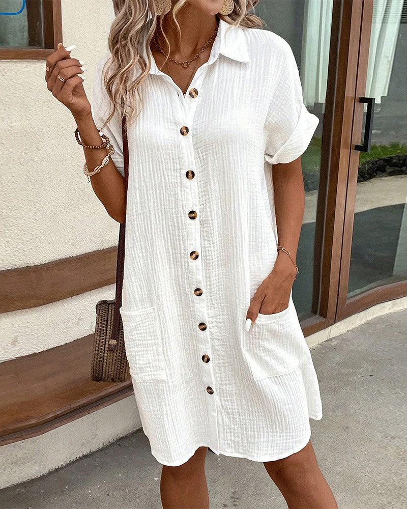 Relaxed Button-Front Pocket Shirt Dress for Women