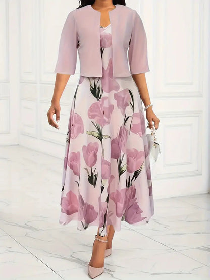 Floral Maxi Dress with Cropped Cardigan Set for Women