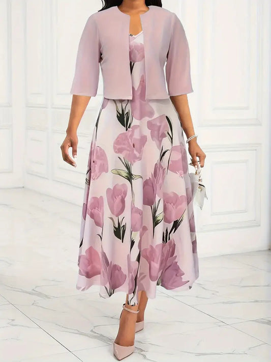 Floral Maxi Dress with Cropped Cardigan Set for Women