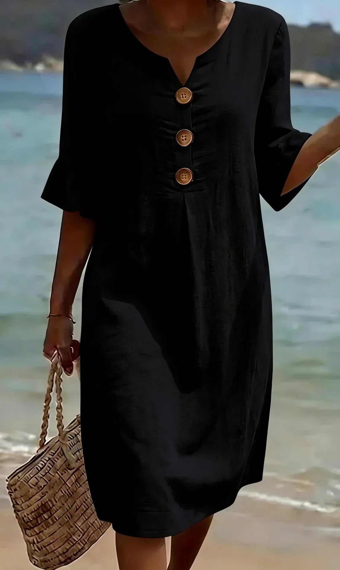 Women’s Button-Front Casual Midi Dress with Ruffle Sleeves