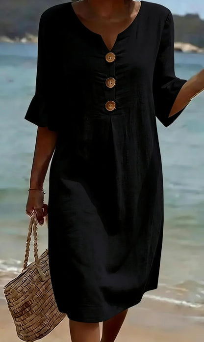 Women’s Button-Front Casual Midi Dress with Ruffle Sleeves