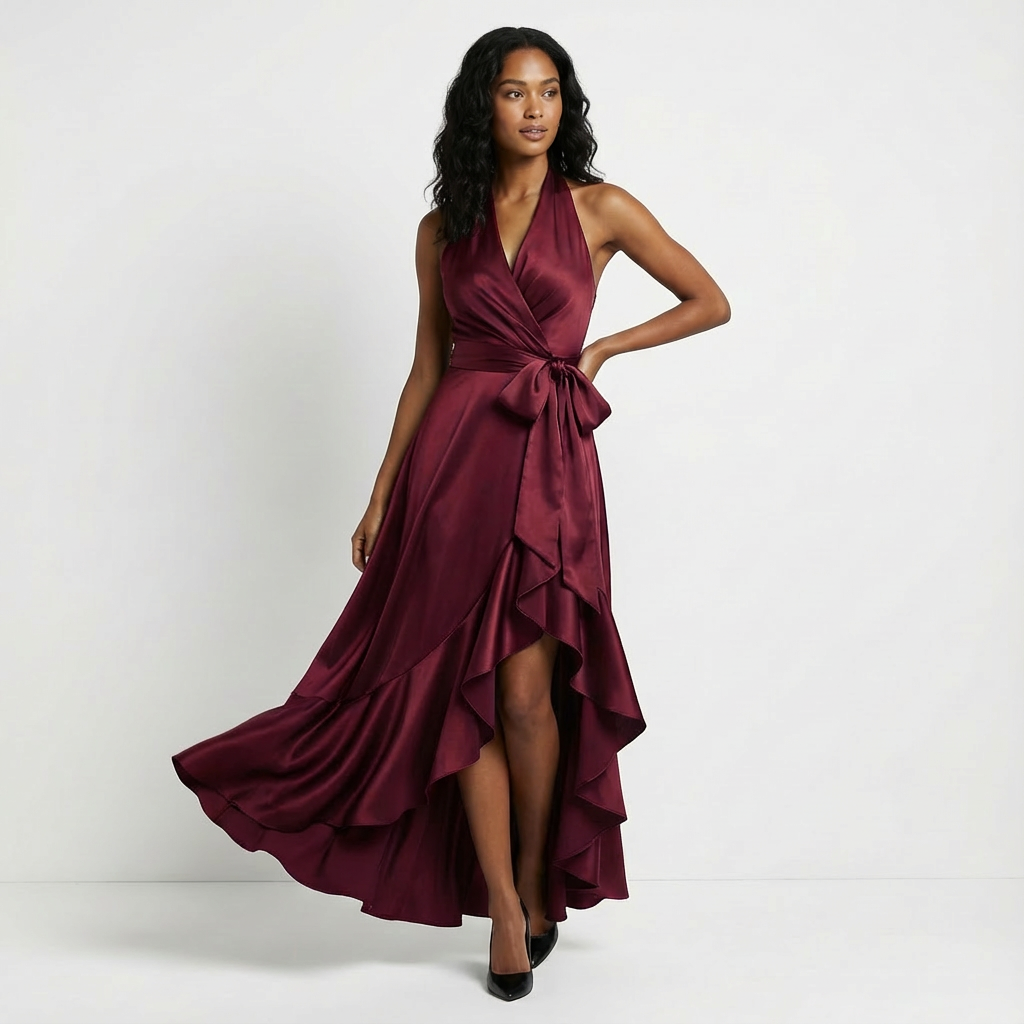Elegant Women’s Maxi Wedding Guest Dress with Tie-Waist Bow
