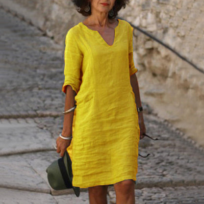 Casual V-Neck Linen-Style Midi Dress for Women