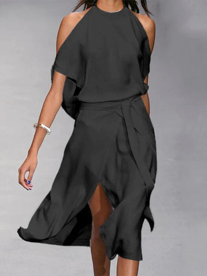 Women's Halter Neck Midi Dress with Flowy Wrap Skirt