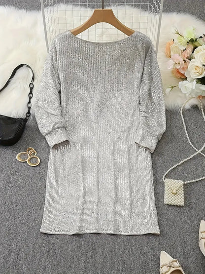 Women's Sequin Party Dress with Slim Fit Silhouette and Long Sleeves