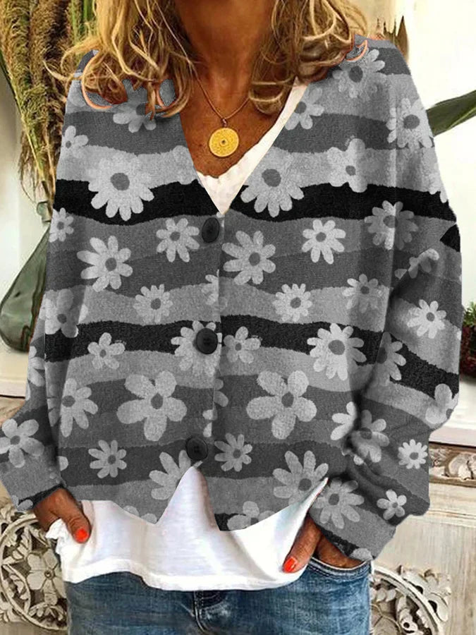 Floral Stripe Button-Up Cardigan with Relaxed Fit