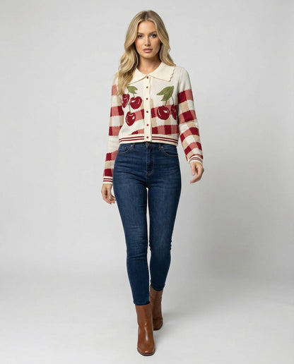 Women's Cropped Knit Cardigan with Cherry Floral Pattern
