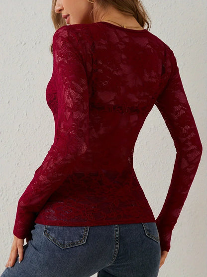 Women's Long-Sleeve V-Neck Lace Top