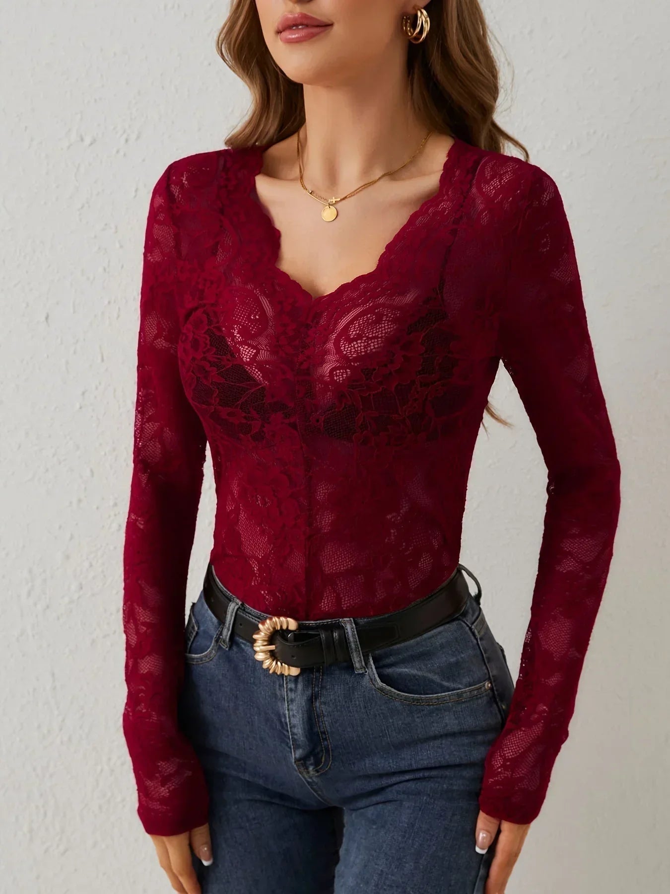 Women's Long-Sleeve V-Neck Lace Top