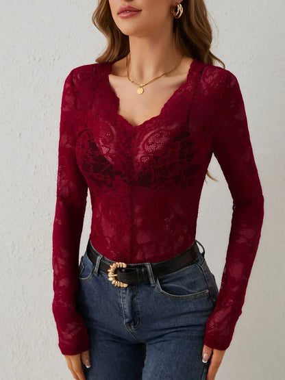 Women's Long-Sleeve V-Neck Lace Top