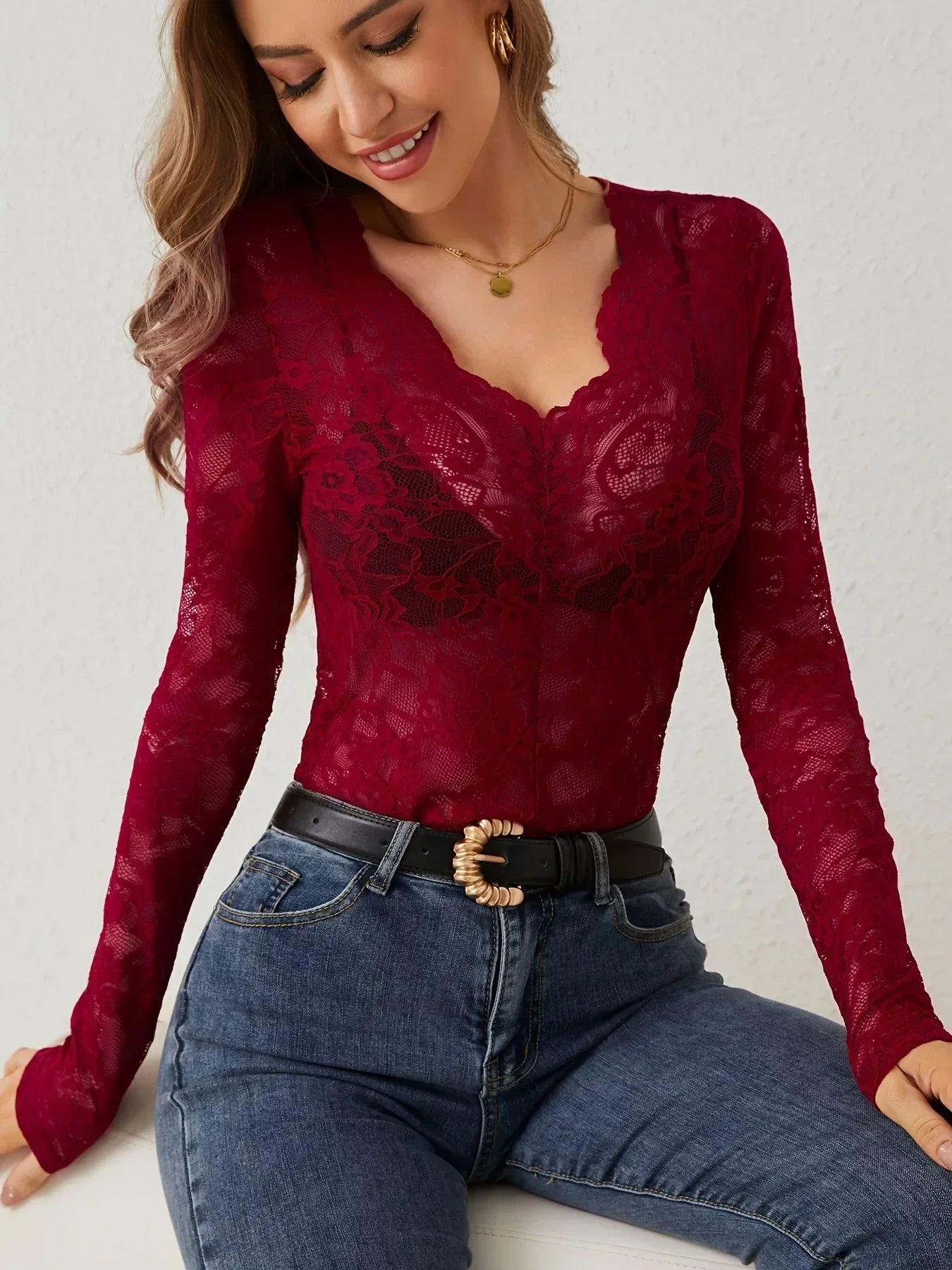 Women's Long-Sleeve V-Neck Lace Top