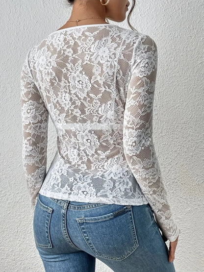 Floral Lace V-Neck Long Sleeve Top