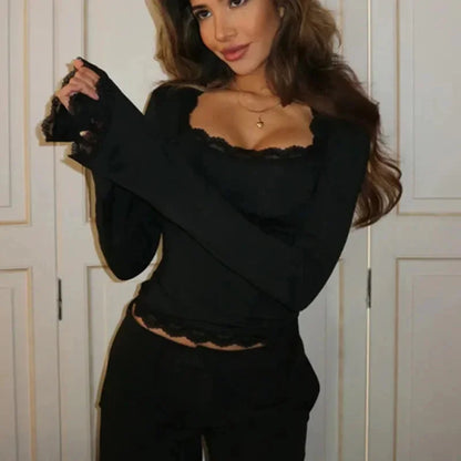 Women’s Lace Trim Long Sleeve Crop Top